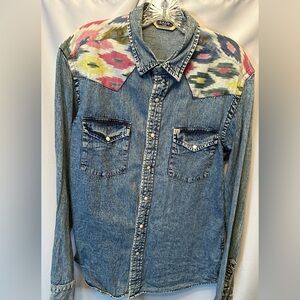 Salt Valley Size M Western Denim Pearl Snap Shirt Blue Southwestern Detail